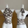 Lace Up Halter Sleeveless Camisole Plaid Stripe Suspender Vest Fashion Slim Crop Tops  Travel
