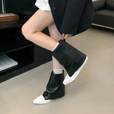 2025 Neue Modische Stiefeletten mit flachem Boden Damen Herbst Winter Spitzschuh Schlankmachend Farbblock Lange Stiefel Trendige Kniehohe Stiefel
