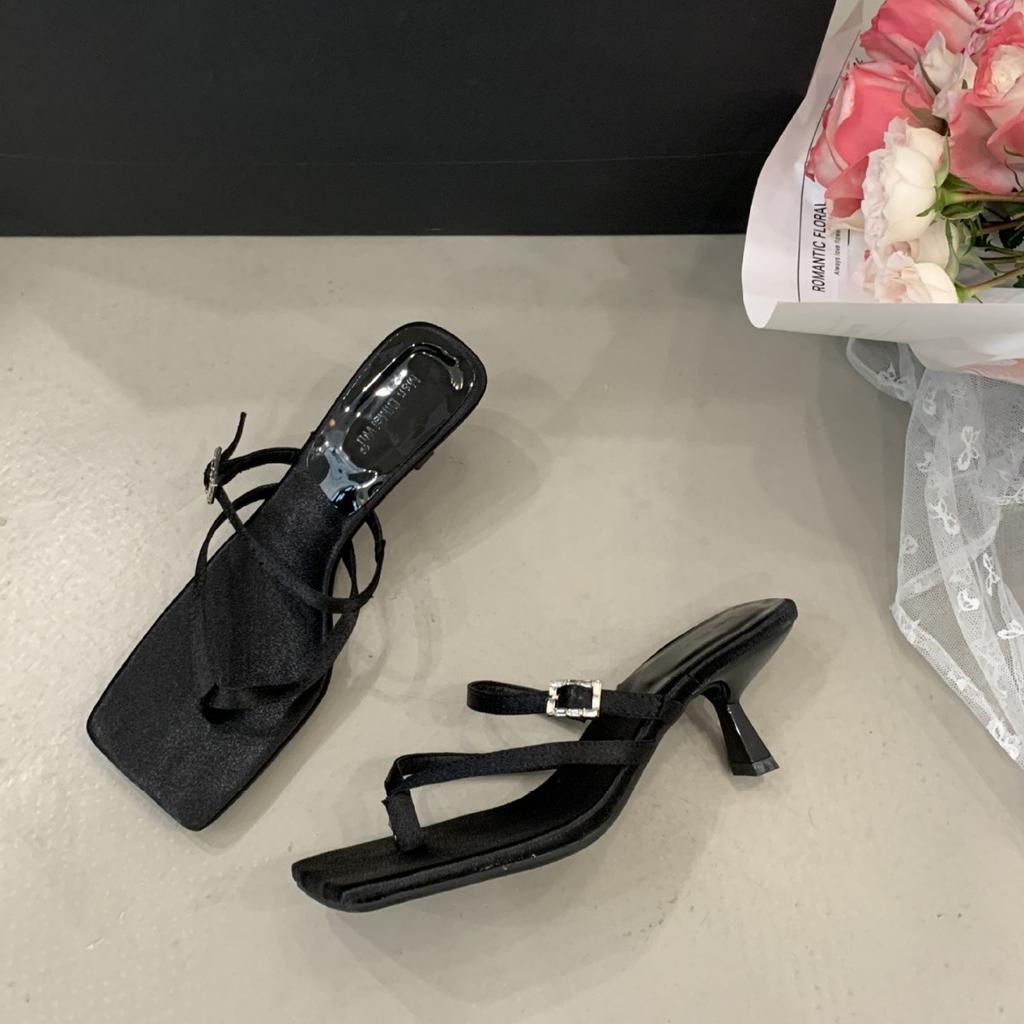 2025 Summer New High-heeled Sandals French Square Toe Flip-flops Women's Shoes Outside