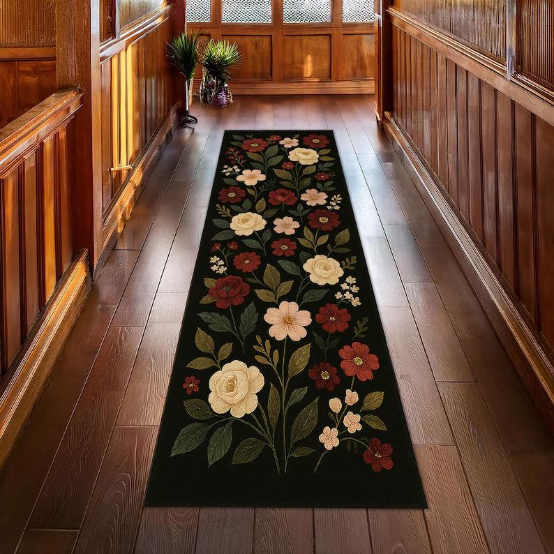 Tappeto Runner Floreale Boho Tappeto Nero per Corridoio Tappeto Colorato per Ingresso Decorazione Pavimento Cucina Tappeto Floreale Vintage Verde Cottagecore