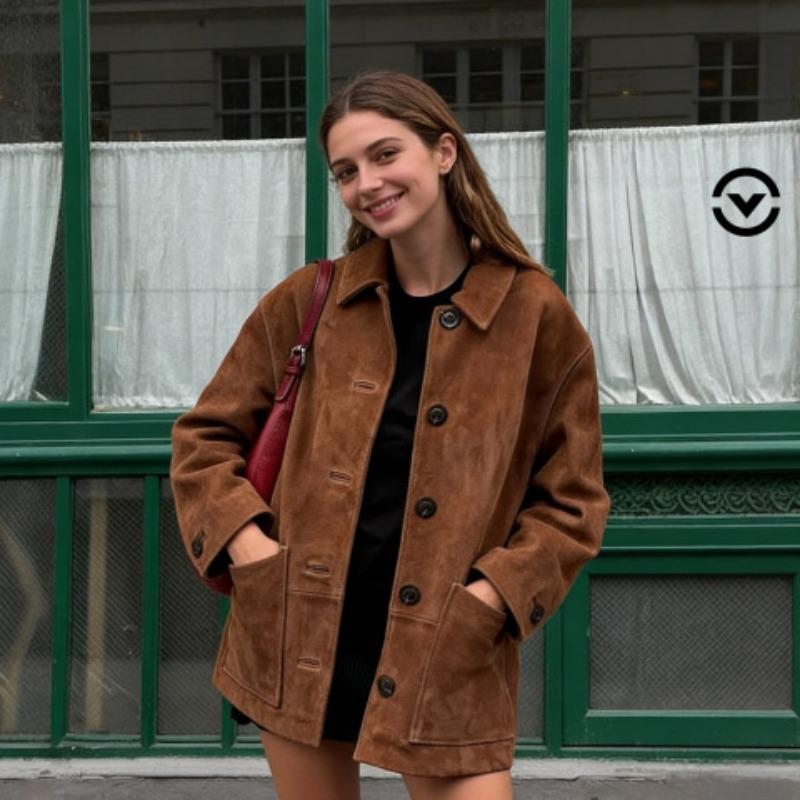Women Vintage Lapel Single Button Suede Casual Jacket Outerwear