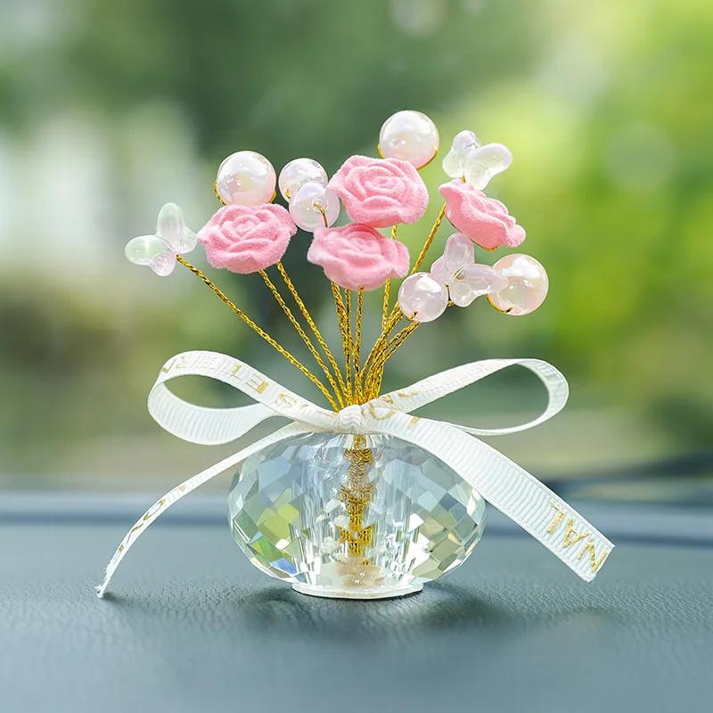 Unique Car Decor Crystal Rose Ornament Used in Conjunction with Aromatherapy Accessory Car Interior Decoration Flower Pot Decor