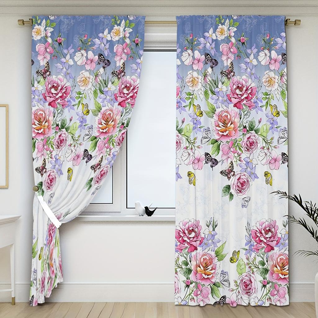 2-Pc Polyester Peach Blossom and Red Rose Curtains H-D Digital Print Rod Pocket Design Window Drapes for Bedroom Living Room