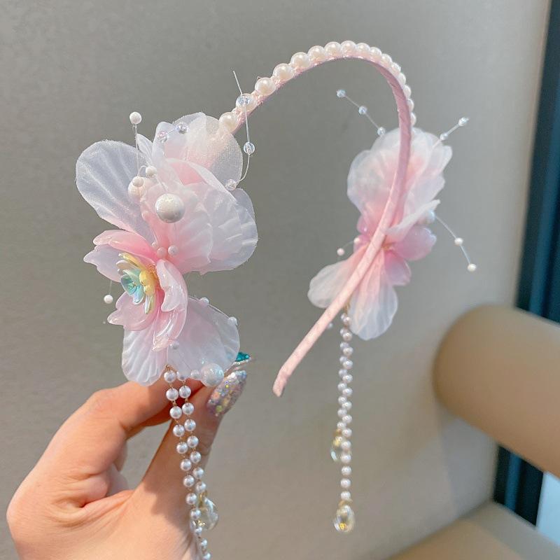 Floral Butterfly Hair Crown for Girls – Delicate Pearl & Silk Tassel Headpiece in Traditional Chinese Design