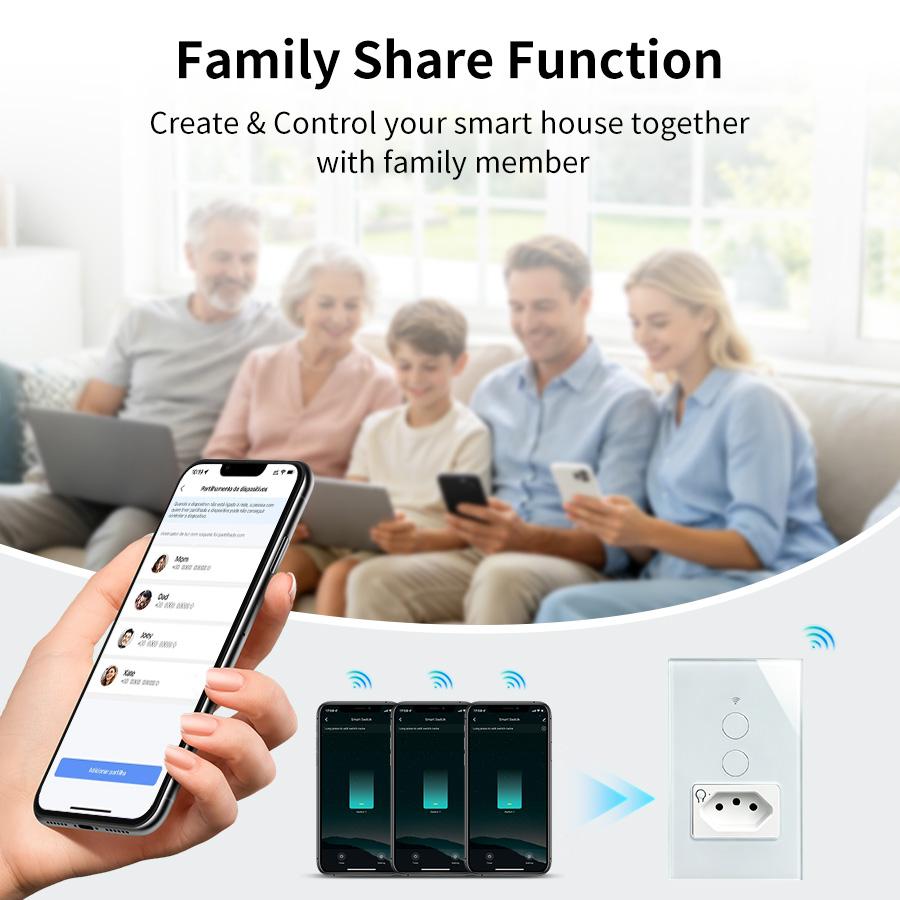 Tuya WiFi Smart Light Switch with Socket Brazil Standard Wall Touch Switches 10A Smart Plug Outlet Work With Alexa Google Home