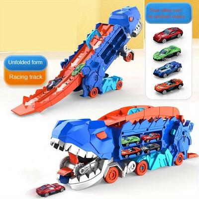 Transportní nákladní auto s dinosaurem a skládací závodní dráhou, transformuje se na stojícího T-Rexe. Nejlepší narozeninové dárky Hračky Kluci Dívky Děti
