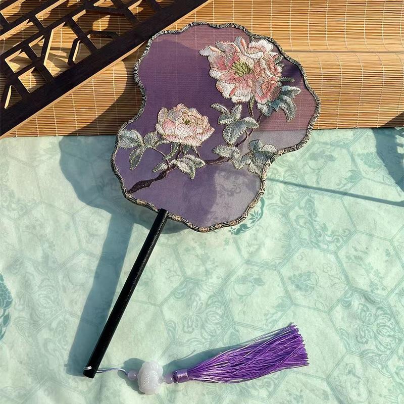 Chinese Style Hanfu Ancient Fan Dance Shooting Long Handled Embroidered Classical Double Sided Fan Female Decorative Fan