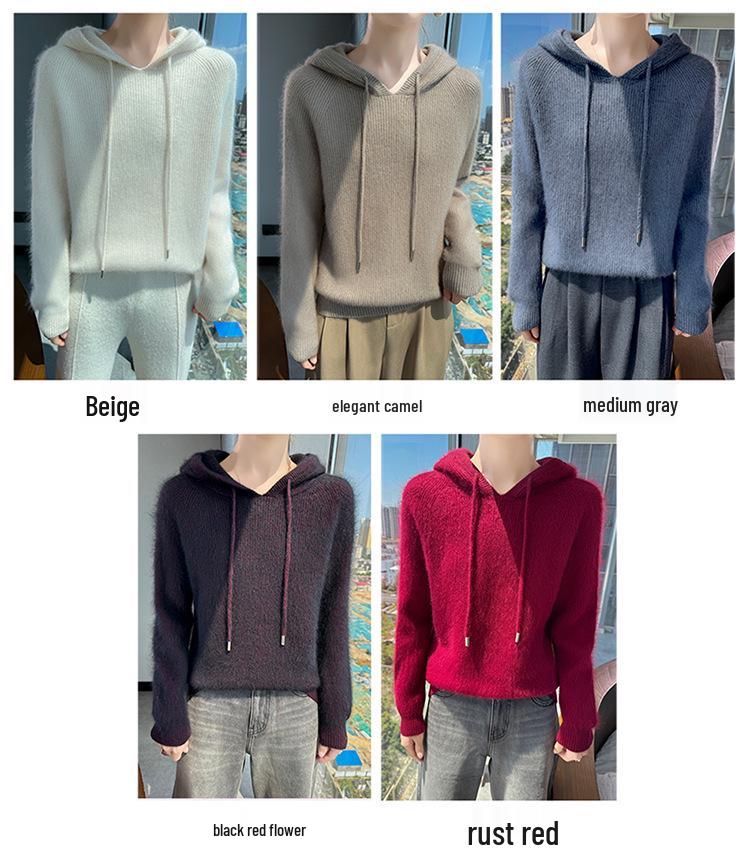 Women's Mink Velvet Hooded Sweater - Autumn/Winter Loose Fit, Slimming Knit Base Layer with Drawstring.