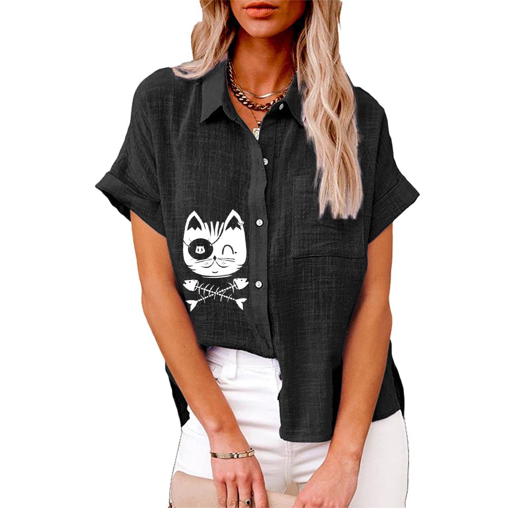 Plus Size Damenmode Bluse mit Katzendruck Sommer & Herbst Lockeres Kurzarmhemd mit Knöpfen Damen Casual Leinen T-Shirt