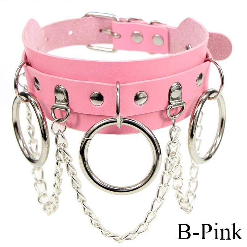 Women'S Fashion Punk Street Snap Nightclub Pu Leather Choker Metal Ring Chain Necklace Collar Rivets Goth Belt Adjustable Buckle Neck Accessories