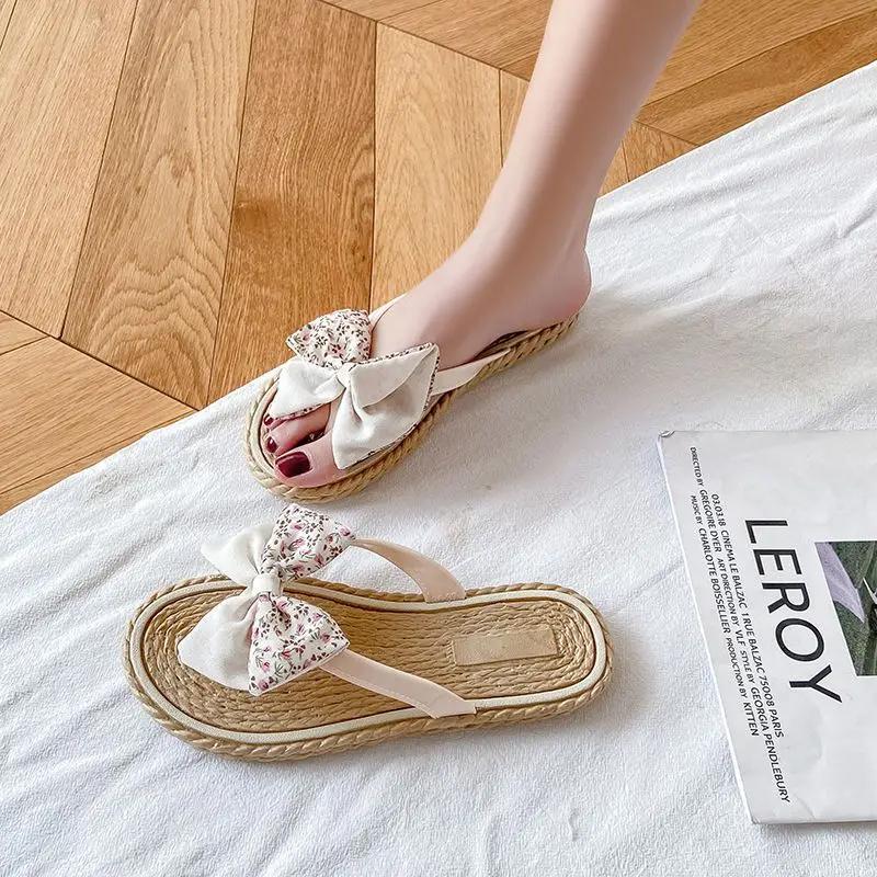 Fashion Slides Open Toe Bow Flip Flops Women's Slippers and Ladies Sandals Outside Shoes on Beach 2024 Flat Pvc 39 Promotion Top Designs