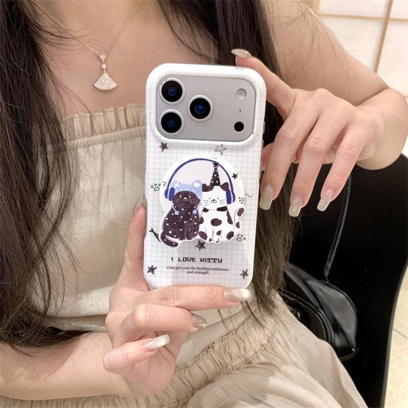 Korean Plaid Cat Headphones Magnetic iPhone Case for 17 Pro Max/16/15/14