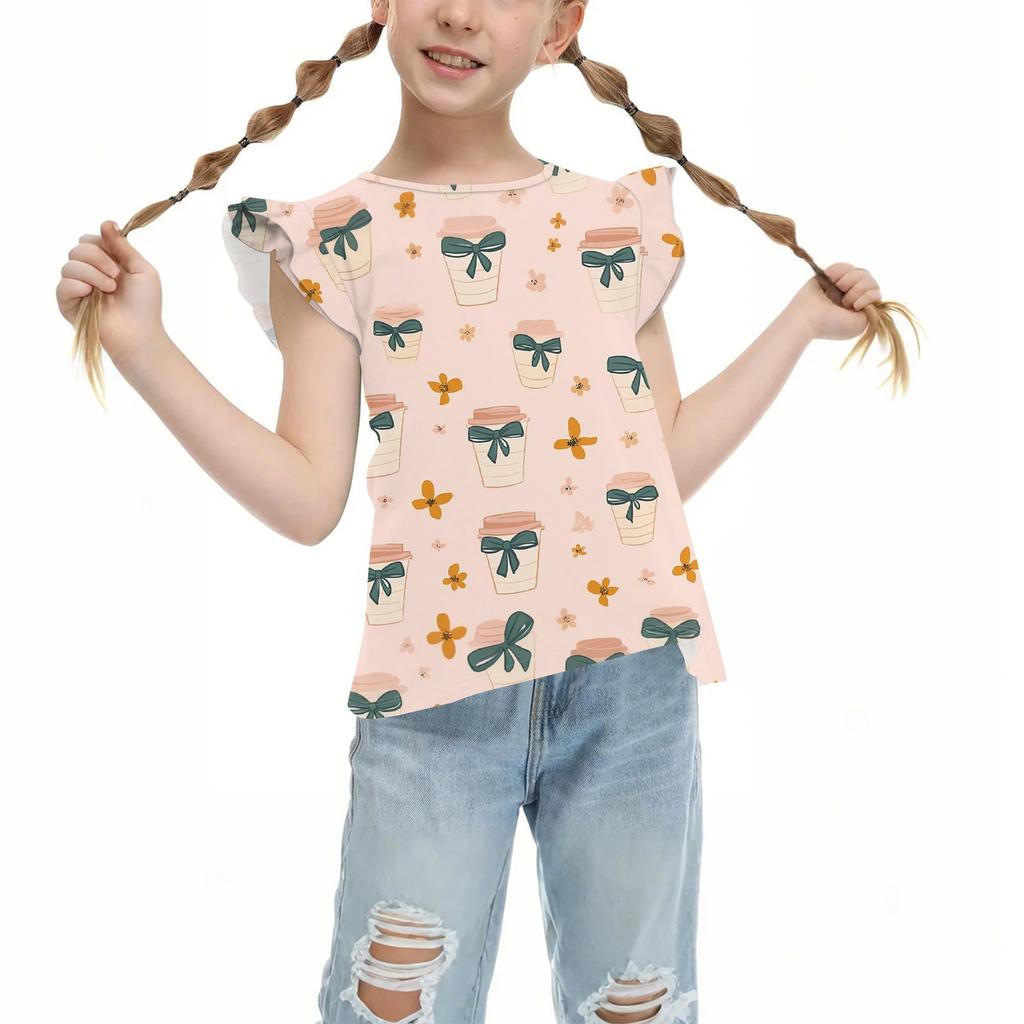 Children's Casual Short-Sleeved Pleated Cute Printed Round-Neck Solid-Color Top