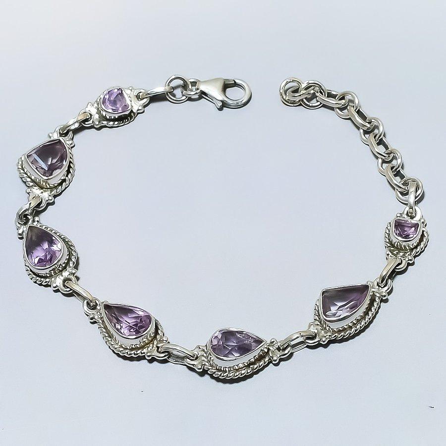 Natural Pink Amethyst Gemstone 925 Solid Sterling Silver Gift Bracelet 7-8" E9a92