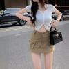 Spicy Girl Women's High Waist Khaki Cargo Midi Skirt - Summer 2024 Retro A-Line Bodycon