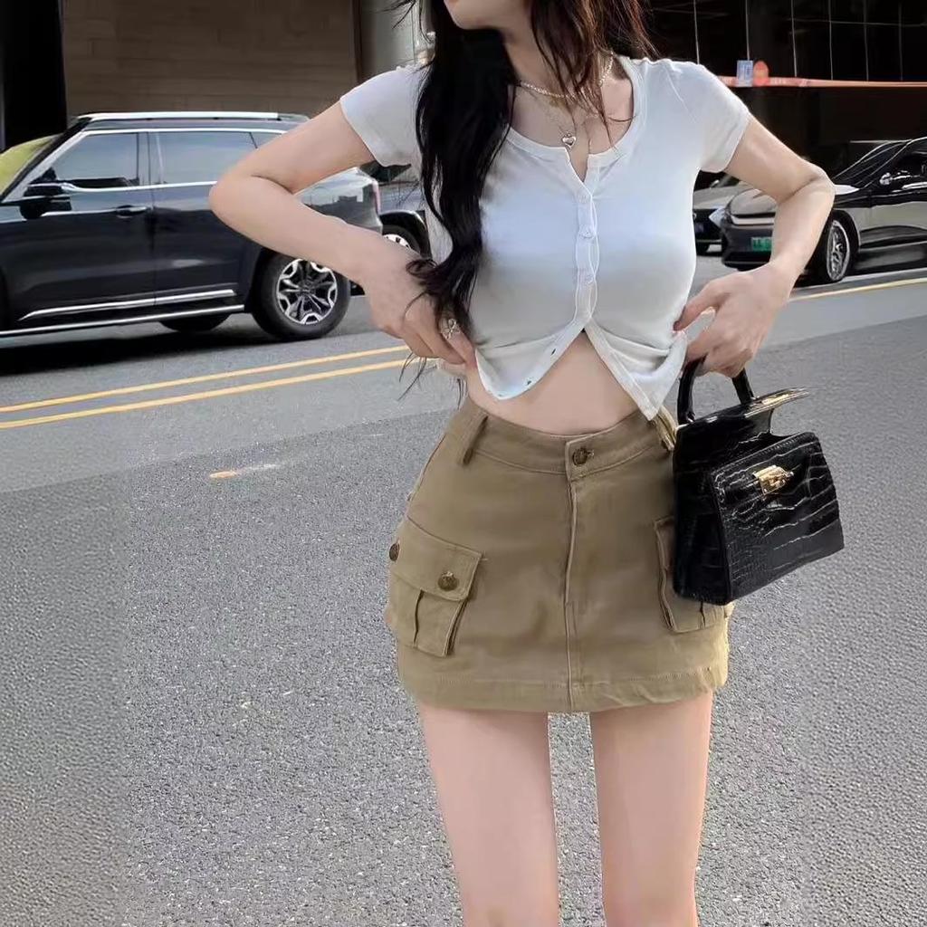 Spicy Girl Women's High Waist Khaki Cargo Midi Skirt - Summer 2024 Retro A-Line Bodycon