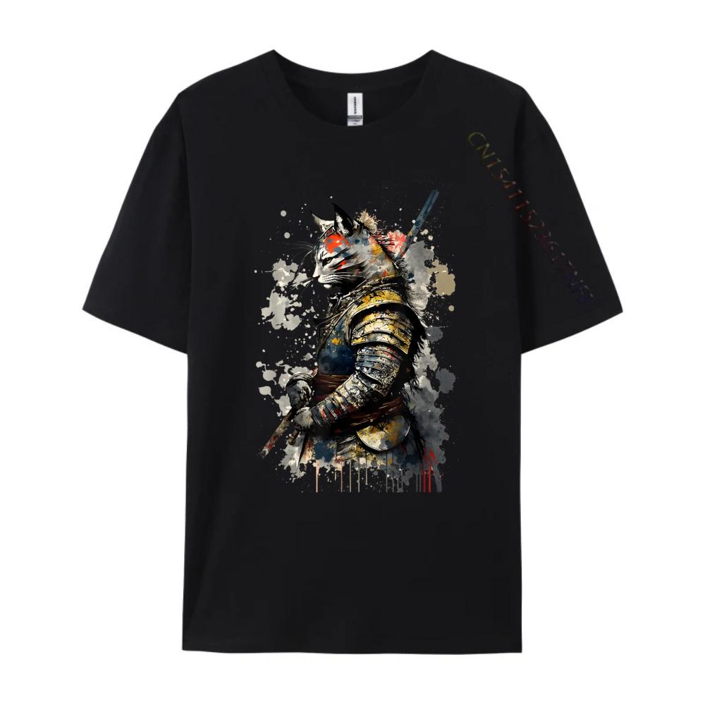 Cat Samurai Wearing Uniform Painting Portrait Cat Samurai Mens Shirts Graphic Tee Short Sleeve Tee Creative