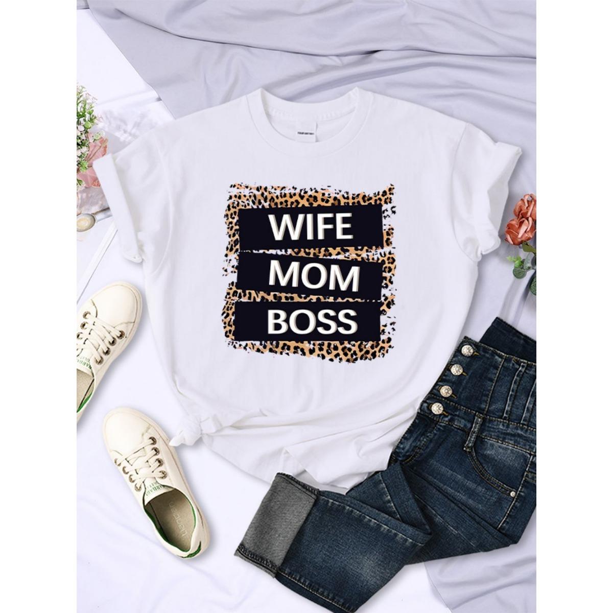 

Уличные женские футболки Жена Мама Босс Надпись Леопардовые принты Футболки Мягкие Дышащие С круглым вырезом Короткий рукав Летняя Повседневная Женская одежда S