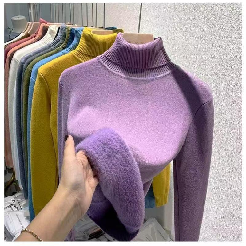 Winter High Collar Solid Color Velvet Warm Bottomed Sweater Women Simple All-match Knitting Pullover Top