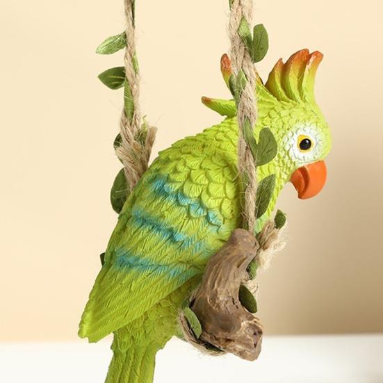 Parrot with Swing Ornaments Waterproof Resin Hanging Decoration Hemp Rope Simulated Green Leaf Design Lifelike Ornament for Balcony Courtyard