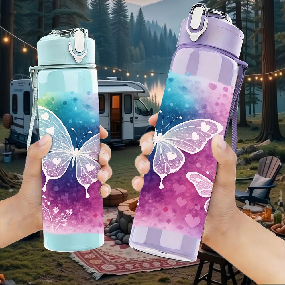 1PC Glitter Pastel Butterfly Magic Print 750ml Color Plastic Sports Water Bottle Leakproof Flip Straw Lid Suitable for Sports Office Home Use