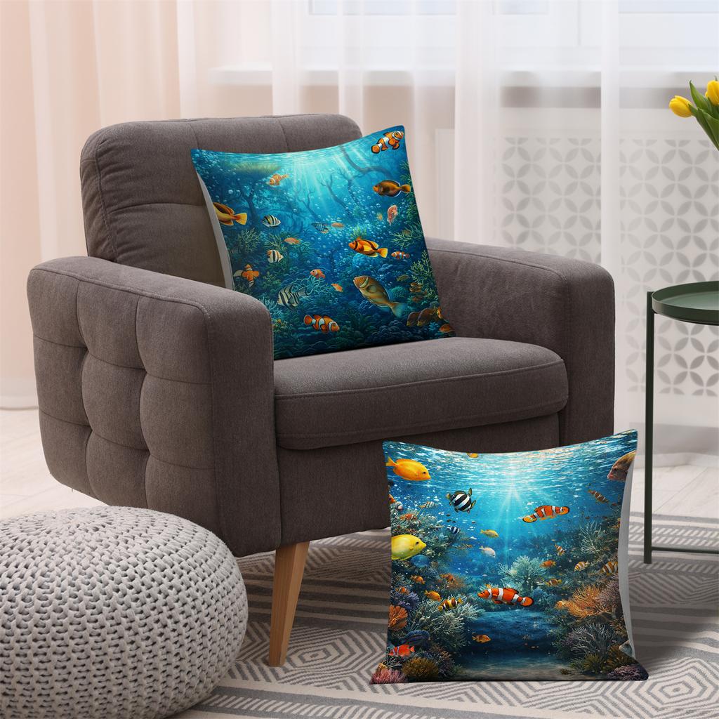 Tropical Coral Reef Pillow Covers, Vibrant Underwater Fish Decorative Throw Pillow Cases, Ocean Marine Home Decor Cushion Covers