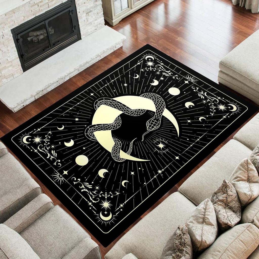 Moon and Snake Boho Area Rug, Non Slip Bohemian Design Rugs for Bedroom Living Room,Gothic Style Stars Floor Mat Pad Area Carpet