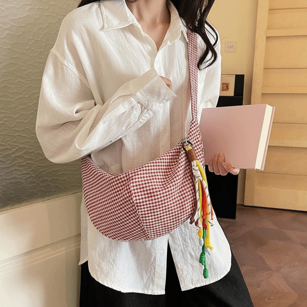 Large Capacity Dumpling Bag Zipper Crossbody Bag Simple Plaid Shoulder Bag  Daily