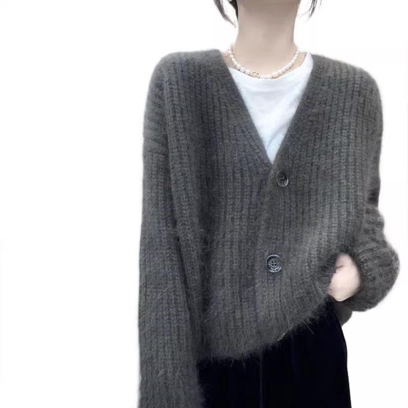 Autumn Winter Lazy Style Thickened Long-sleeve Knitted Cardigan for Women Elegant Slim Casual V-neck Outerwear Sweater