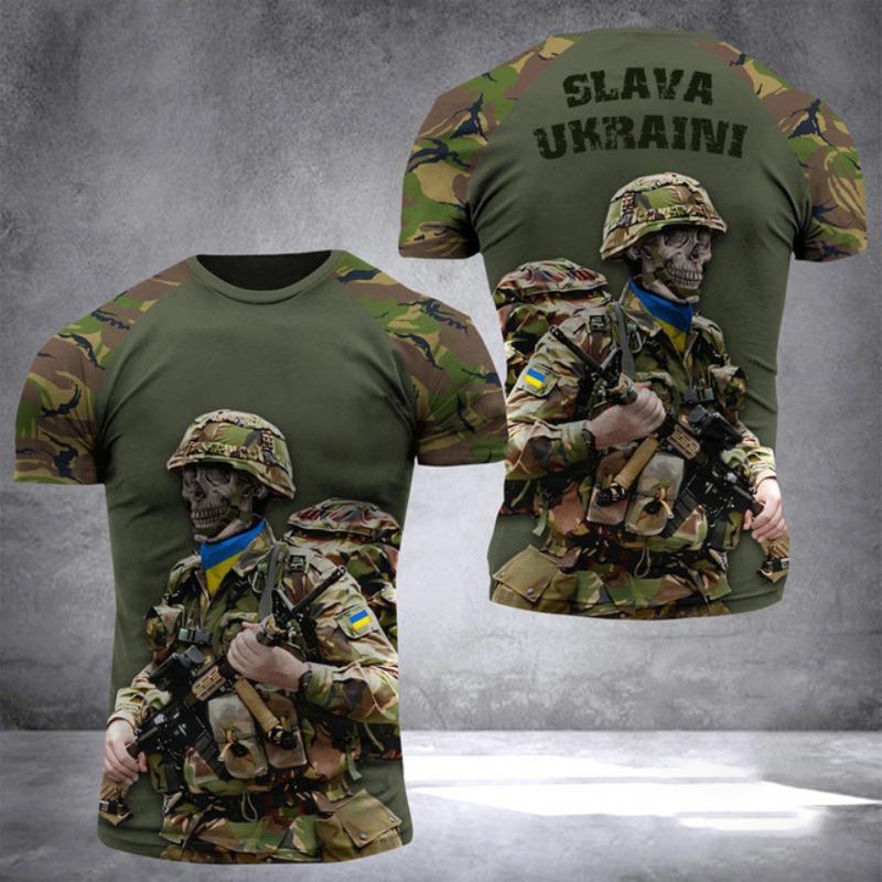 Męska koszulka z nadrukiem 3D Kamuflaż Zespół Szturmowy Krótki rękaw Żołnierze Ukraińscy Okrągły dekolt Pulower Casualowy Top