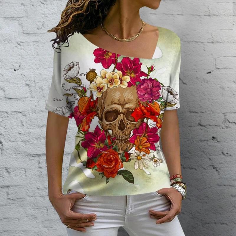Vintage-Schädel-Damen-T-Shirt, 3D-gedruckt, Schrägkragen, Blusen, lässig, kurzärmelig, Pullover, Tops, Sommer, übergroße Kleidung, T-Shirts