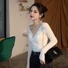 Fall Winter Women V Neck Solid Color Long Sleeve Pleated Knitted Bottoming Chic Sweater