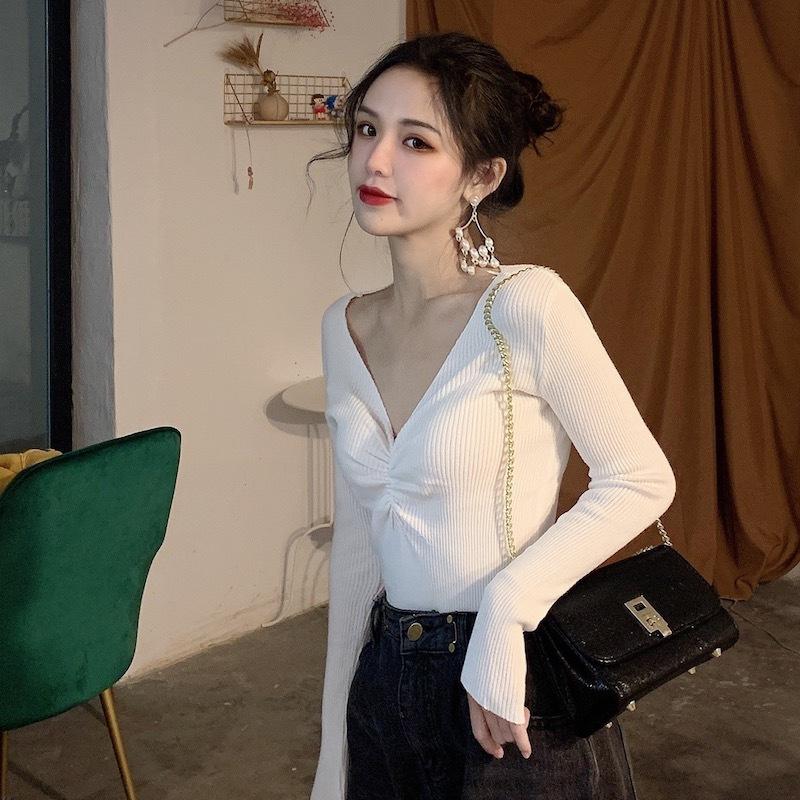 Fall Winter Women V Neck Solid Color Long Sleeve Pleated Knitted Bottoming Chic Sweater