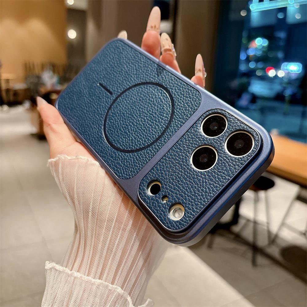 

Magnetic Lychee Pattern Drop-Proof Phone Case for iPhone 17 Pro Max – Full Coverage Leather Texture Protective Cover 13 синій