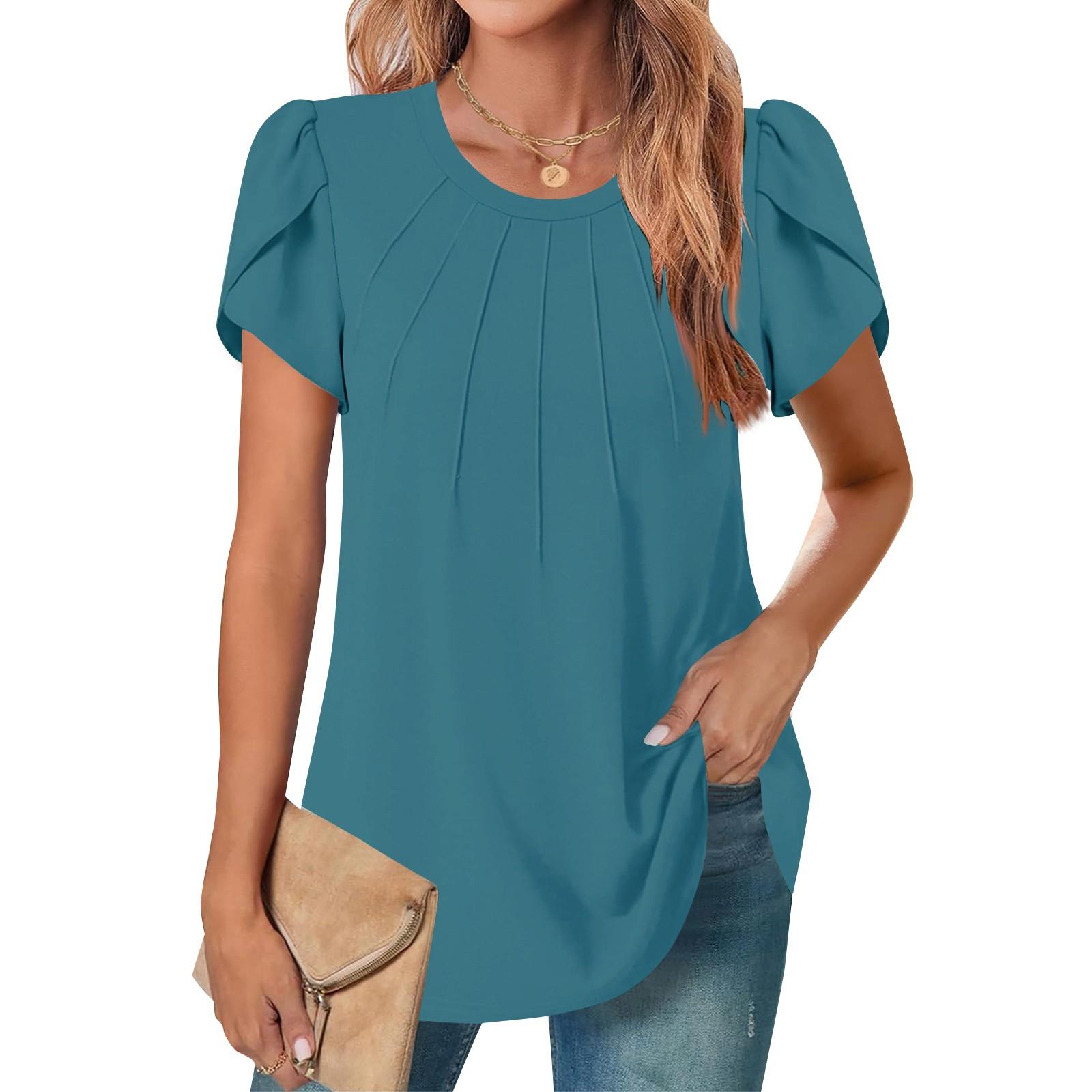 

Женский повседневный топ с круглым вырезом и коротким рукавом на груди, плиссированный, с клапаном на рукаве, однотонный L