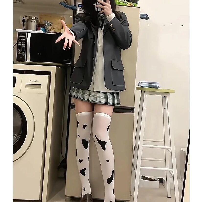 Spotted Cow Over-the-Knee Stockings - Sexy, Stylish White Silk for Beautiful Legs