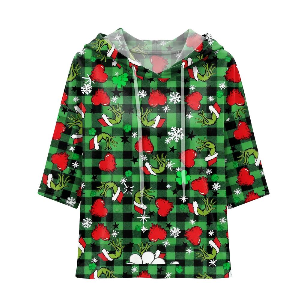 Women's Casual 3/4 Sleeve Christmas Print Hooded T-Shirt Top