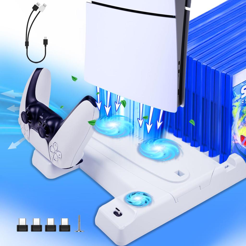 2024 New PS5 Vertical with Cooling Adjustable Fan Controller Charging Charging Two Controllers RGB USB Charging PS5 Accessories Slim/PS5 Stand, Stand,