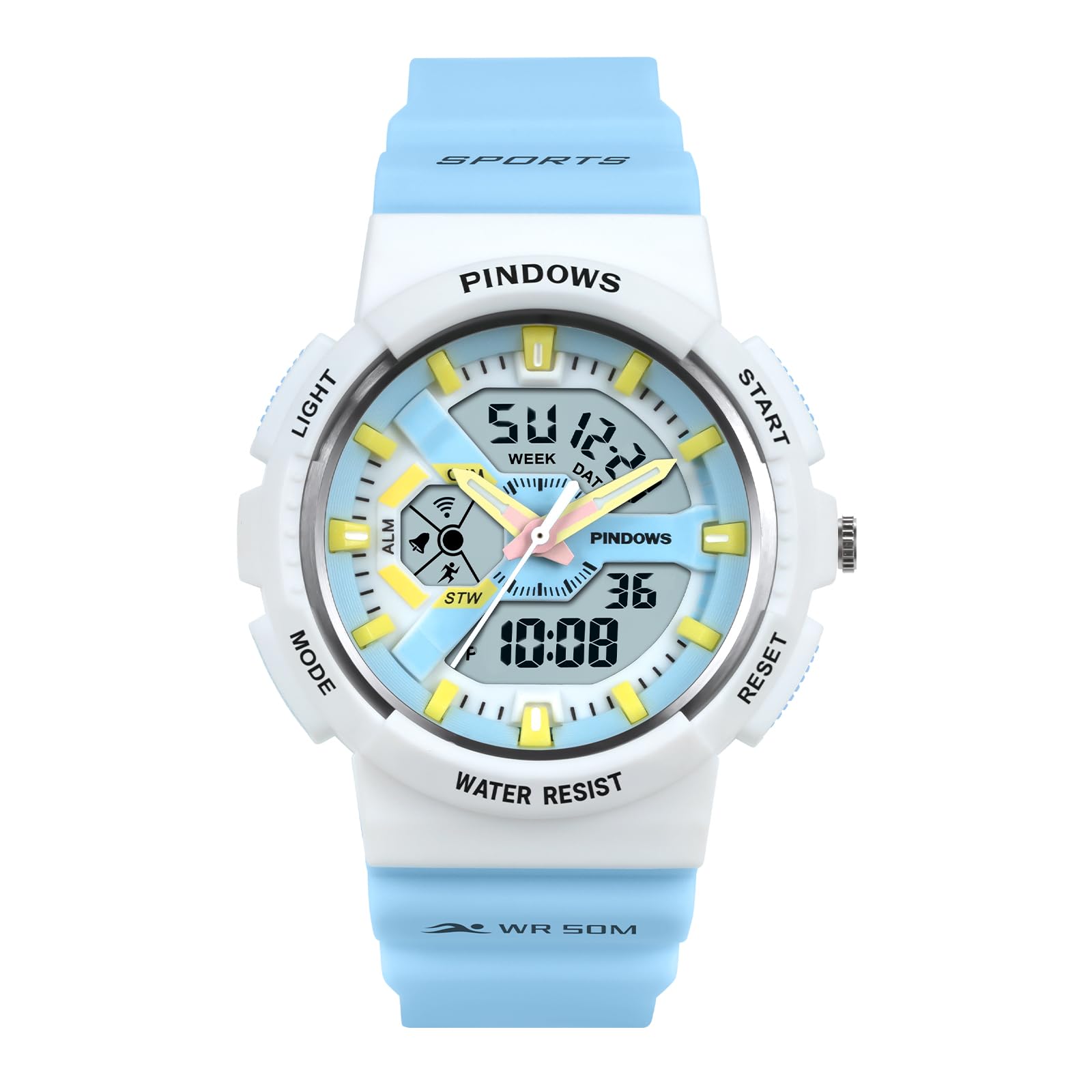 

Женские аналогово-цифровые часы PINDOWS со светодиодной подсветкой, водонепроницаемостью 50 м и многофункциональные спортивные часы для бега и активного отдыха