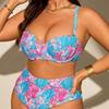 Women's Plus Size Underwire Push Up Bikini Set, Seashell Print High Waist Two Piece Swimsuit