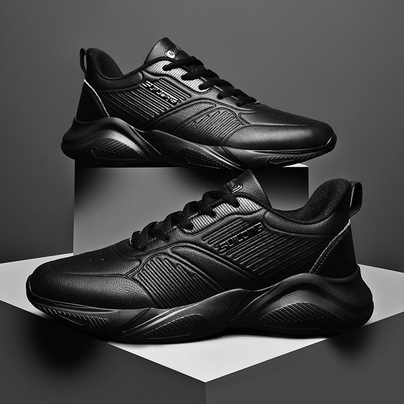 All-black sports men's shoes 2025 autumn and winter new leather waterproof and non-slip running shoes men's soft-soled casual shoes