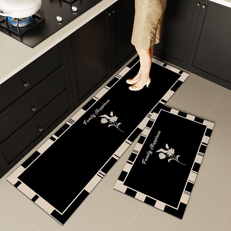 Carpet for Kitchen Non-slip Oil-resistant Erasable Leather Floor Mat Black Flower Water PVC Rugs Home Decoration Long Size Mats