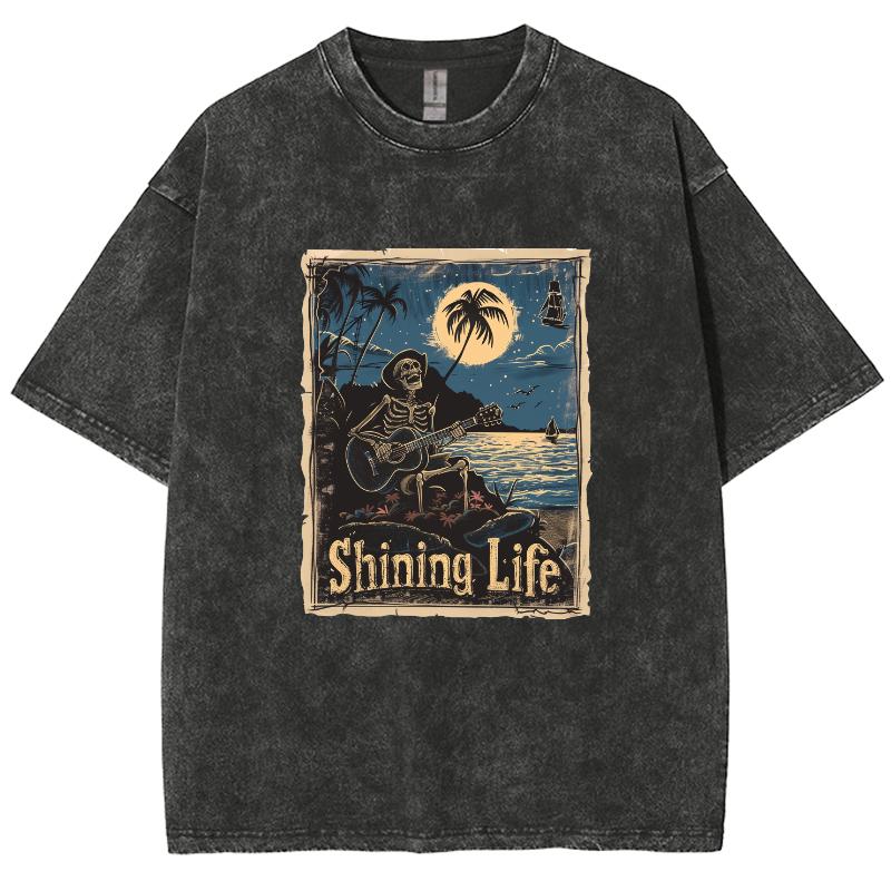 American Anime Movie Style Skull Print Washed T-Shirt Oversized Loose Unisex Couple Short Sleeve Comfortable High Street