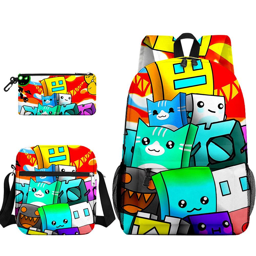 Popular Cool Geometry Dash 3D Printed 3pcs/Set Pupil School Bags Laptop Daypack Backpack Inclined Shoulder Bag Pencil Case