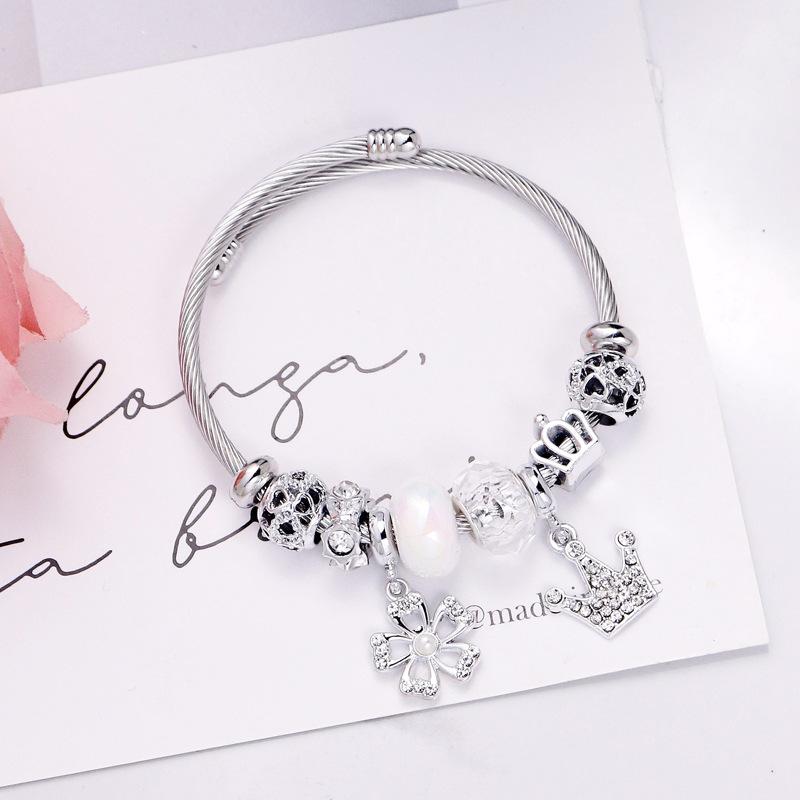 Ladies Hollow Five Petal Flower Bracelet With Diamond Crown Pendant Stainless Steel Bangle Jewelry
