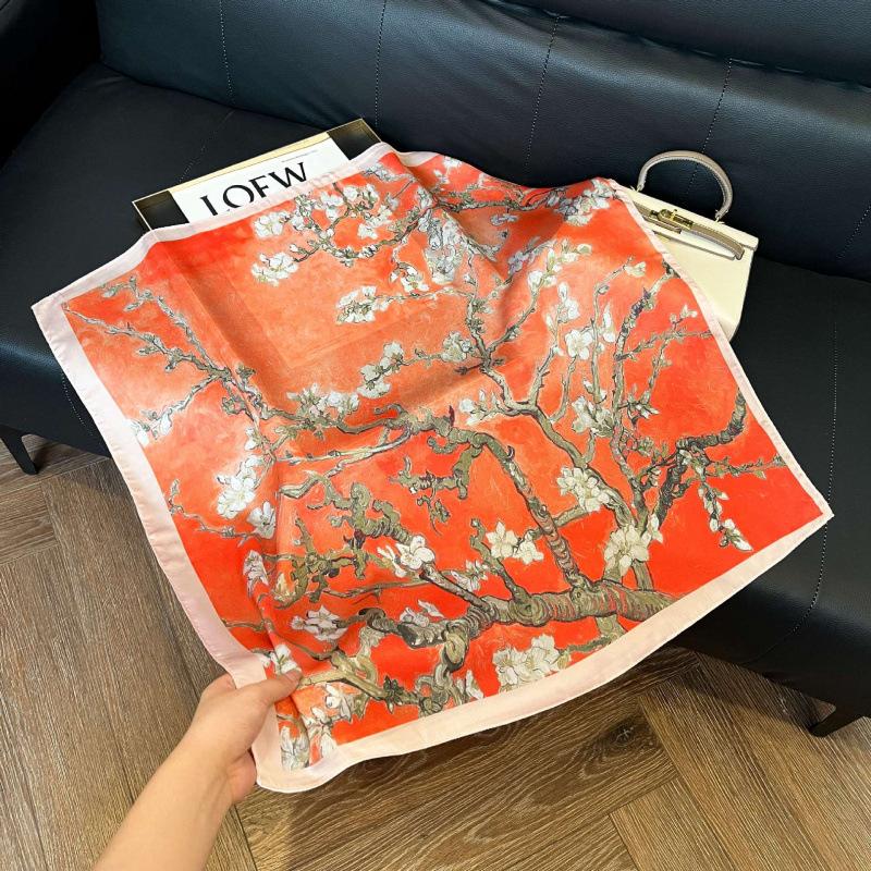 Fashion Black and White Printing Temperament Square Scarf Imitation Silk Korean Version Decorative Scarf Scarf Professional Decorative Shawl Silk Scar