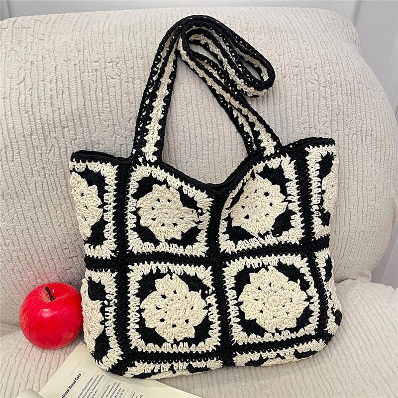 Crochet Square Patchwork Tote Bag Handwoven Contrast Color Flower Pattern Design Women Bohemian Style Beach Vacation Shoulderbag