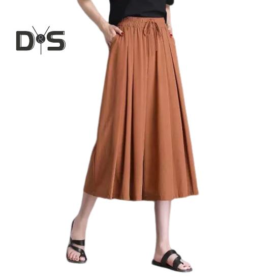 Women Cropped Pants Elastic High Waist Adjustable Drawstring Culottes Solid Color Wide Leg Casual Pants Daily Wear