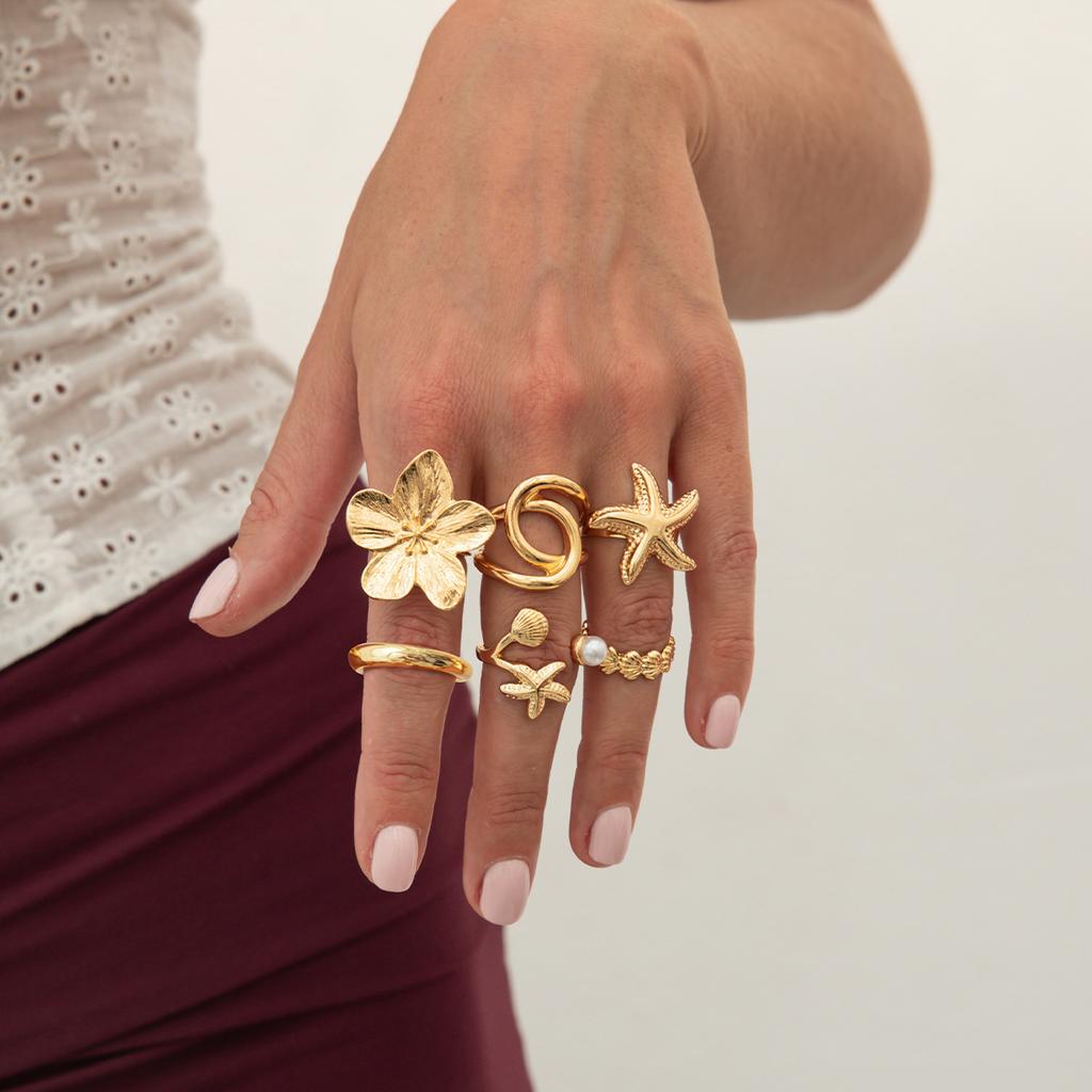 Ring Set: Geometric Flower Design with Pearl Inlay, Adjustable Open Ring, Versatile Index Finger Ring for Women