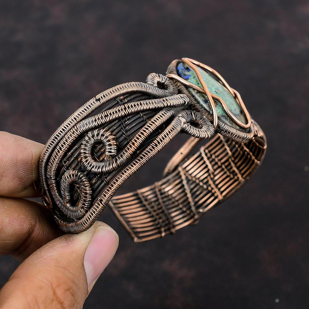Azurit Malachit Edelstein Armreif Kupferdraht gewickelt Armreif Handarbeit Armreif verstellbar Armreif Kupfer Schmuck Geschenk für Mutter